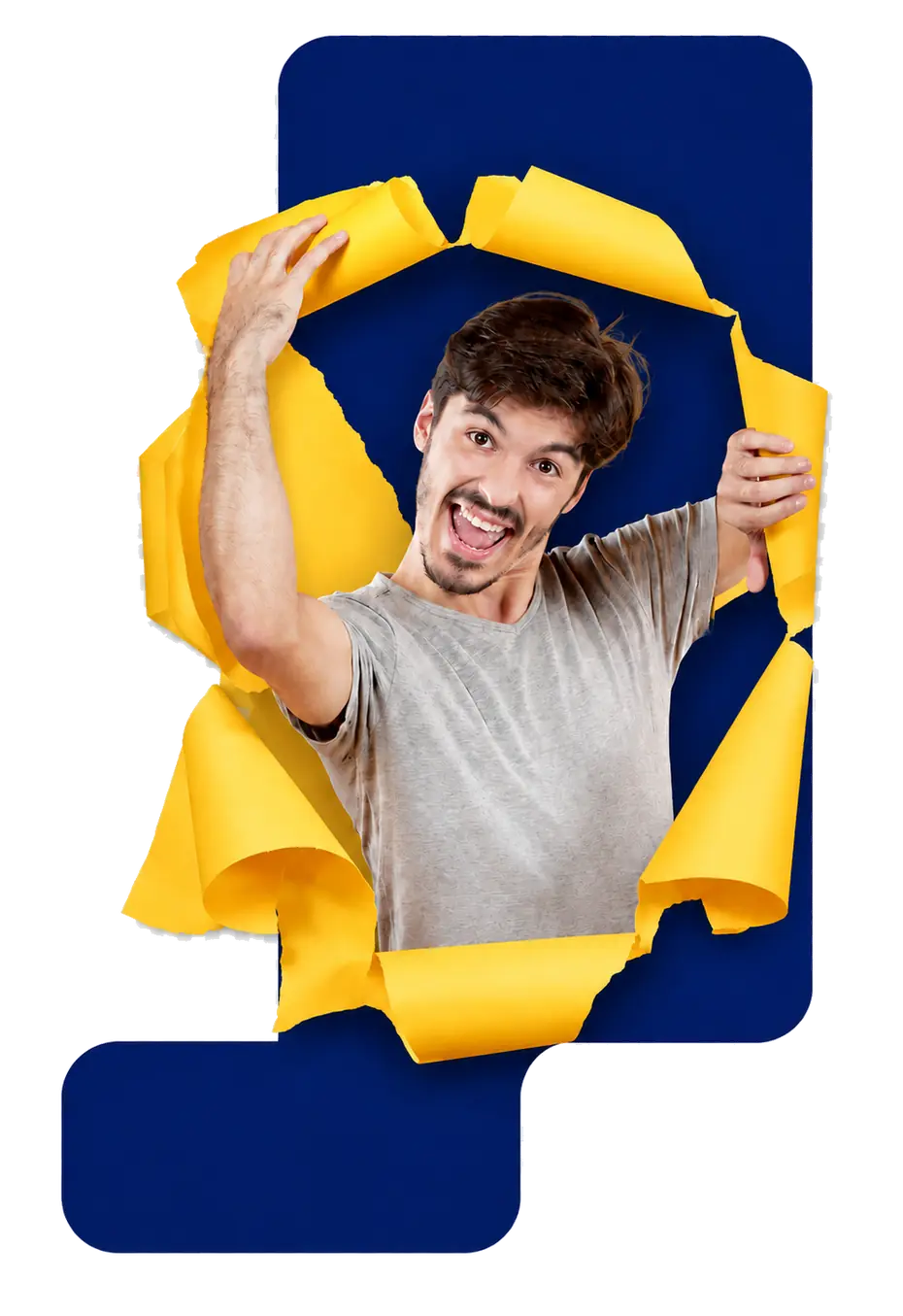 Estudante rompendo um papel amarelo, símbolo da campanha de graduação semipresencial Uniube